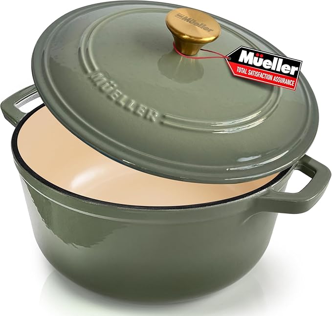 MUELLER HOME 4.5 Quart Enameled Cast Iron Dutch Oven For Sourdough Bread Baking, Heavy-Duty, Oven-Safe up to 500° F & Across All Cooktops, Casserole Dishes, Green Kitchen Accessories, Thyme Green