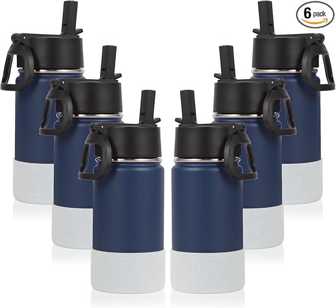 Volhoply 14oz Water Bottle with Straw Lid and Silicone Boot Bulk 6 Pack,Stainless Steel Insulated Cups for Boys & Girls Multipack,Double Wall Vacuum Leakproof KIds Bottles(Navy,6)