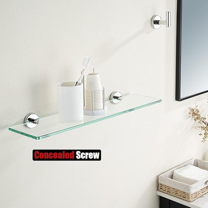 JQK Bathroom Glass Shelf Chrome, Tempered Glass Shower Storage 20 by 5 inches, 304 Stainless Steel Polished Chrome Wall Mount, 2 Pack, TGS101L20-CH-P2