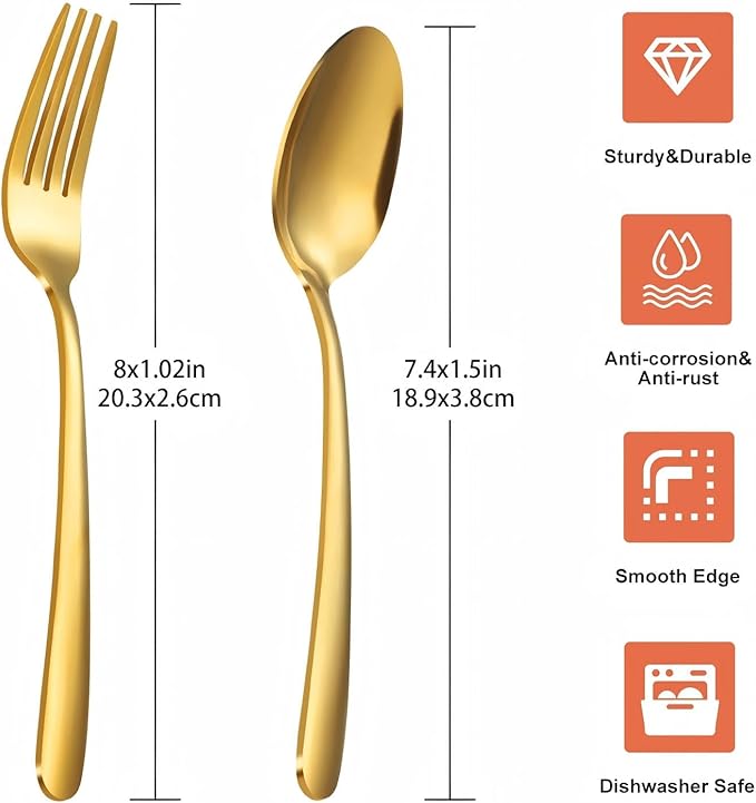 Unokit 24-Piece Spoons and Forks Set Silverware Set - Forks and Spoons Stainless Steel Silverware for Home, Kitchen and Restaurant, 12-Fork and 12-Spoon, Mirror Polished & Dishwasher Safe, Gold