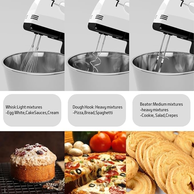 Stand Mixers, 7 Speeds With 3QT Stainless Steel Bowl, Stand and Hand Mixer with Dough Hook, Whisk, Mixing Beater for Baking, Cake, Cookie, Kneading (VL2)