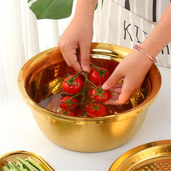 3-In-1 Multifunctional Grater Basin Colander Strainer Set, Mingcheng Stainless Steel Kitchen Drain Basket/Bottom Basin for Washing Rice, Fruits, Vegetable, Grater with Container (Gold)