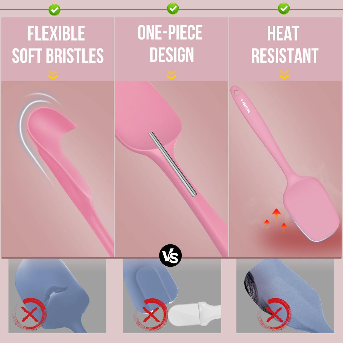Walfos Silicone Spatula Set of 5 - (600°F) High Heat Resistant Kitchen Scraper Spatulas, One-Pieces Seamless Design, Perfect for Cooking Mixing & Baking - BPA Free and Dishwasher Safe（Pink）