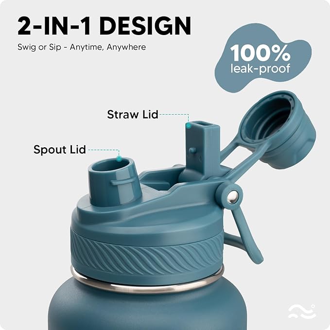 Swigina [2-IN-1 LID] Insulated Water Bottle with Silicone Boot (36hrs Cold/18hrs Hot) - DIY Stickers, Leakproof, BPA Free, 40 oz