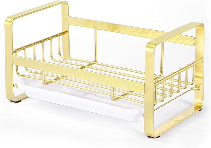 HULISEN Kitchen Sink Sponge Holder, 304 Stainless Steel Kitchen Soap Dispenser Organizer, Countertop Drainer with Removable Tray, not Including Dispenser and Brush, Gold