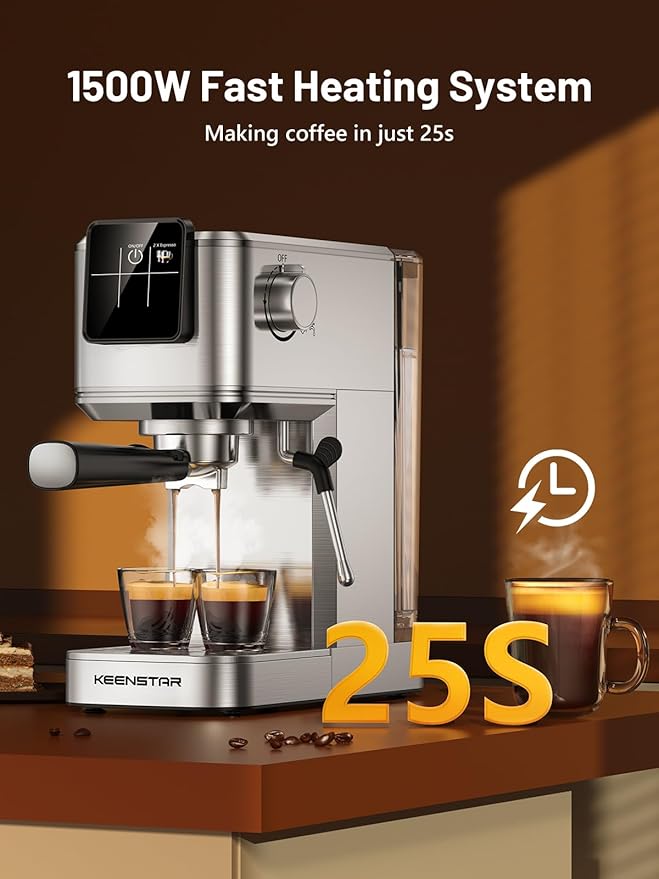 KEENSTAR 20Bar Espresso Machine with Rapid Cold Brew, Hot & Iced Coffee Makers, Stainless Steel Espresso Maker with Milk Frother Steam Wand, Touch Screen with Water Tank for Latte, Cappuccino, Gift