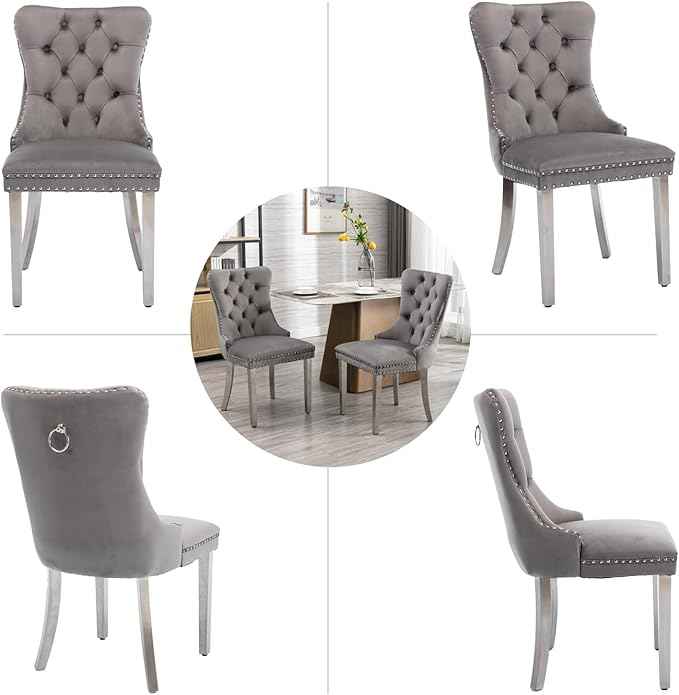 Velvet Dining Chairs Set of 6, Upholstered Dining Room Chairs with Back Ring Pull Trim and Sliver Stainless Steel Legs,Modern Kitchen Chairs Perfect for Dining Room,Kitchen(Grey)