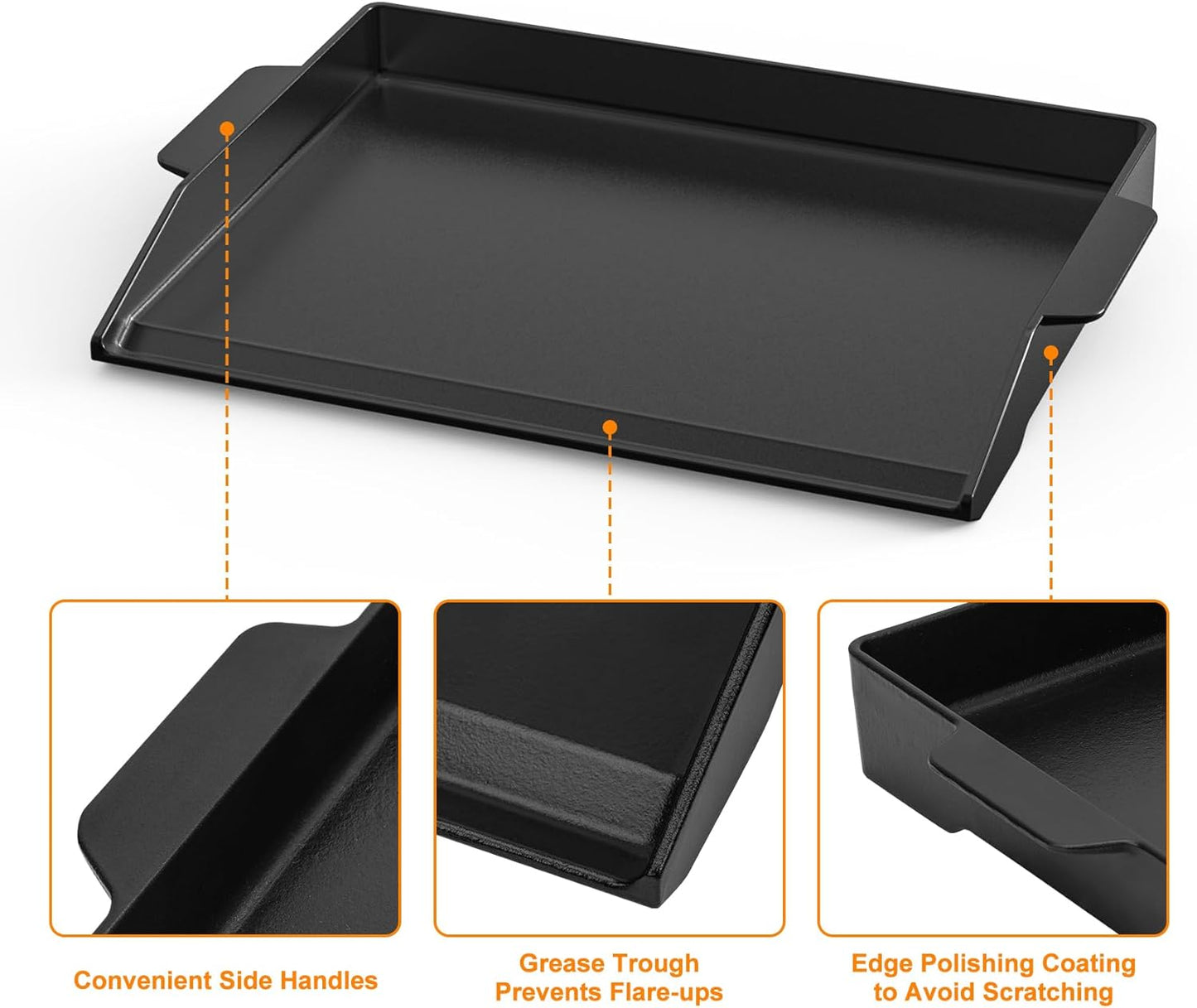 Onlyfire Universal Cast Iron Cooking Griddle, Pre-Seasoned Nonstick Coating Griddle Flat Top Grill Plate with Extra High Sidewalls for All Gas Grills and 4 Burner Range Oven, 23" x 16"