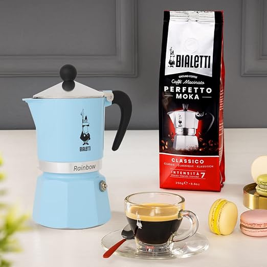 Bialetti - Rainbow: Stovetop Espresso Maker, Moka Pot 3 Cups (4.3 Oz - 130 Ml), Aluminium, Light blue