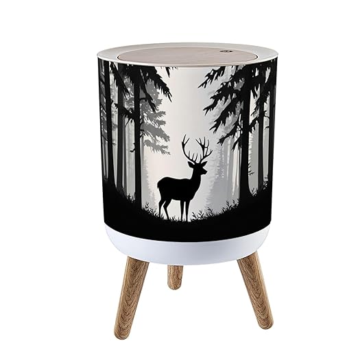Trash Can with Lid Deer antlers posing forest silhouettes trees Magical misty landscape Press Top Round Small Garbage Bin with Wooden Legs Waste Basket for Kitchen Bedroom Nursery 7L/1.8 Gallon