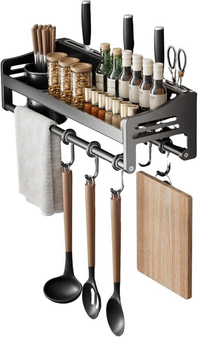 utensil hanger, wall mounted kitchen rail with hooks, waterproof hooks for kitchen utensils, easy installation without drilling (15.8 inches, Cup, 1)