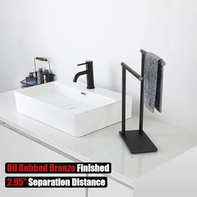 JQK Hand Towel Holder Stand Oil Rubbed Bronze, Modern Tree Rack Free Standing for Countertop with 12 Inch 2 Bars, 304 Stainless Steel ORB, HTT172-ORB
