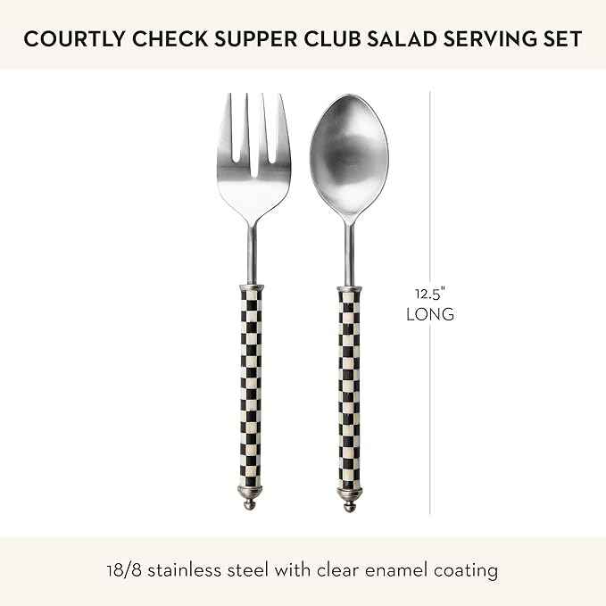 MACKENZIE-CHILDS Supper Club Salad Serving Set, Fork and Spoon Salad Servers, Decorative Kitchen Serving Utensils, Black-and-White Courtly Check