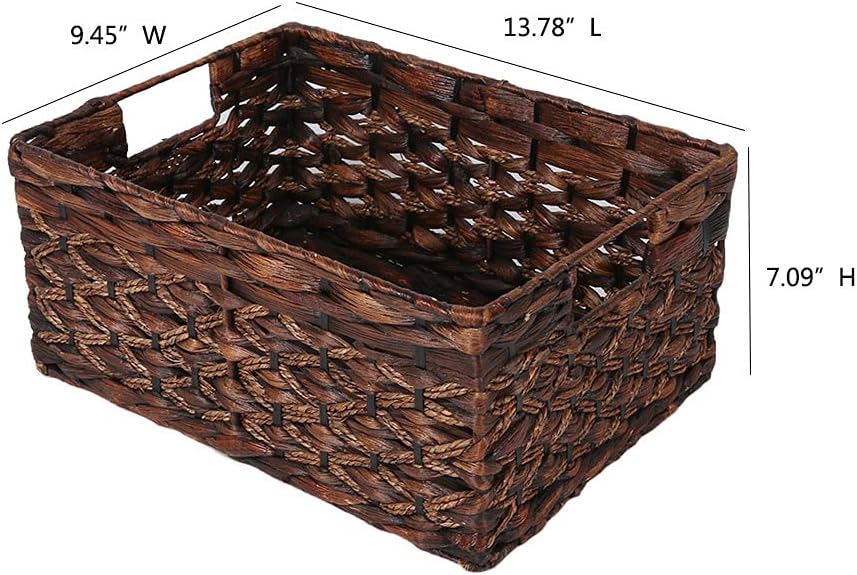 Rectangular Woven Water Hyacinth Basket,Dark Storage Basket With Inside Handle Shelves Kitchen Office Desk (Small)
