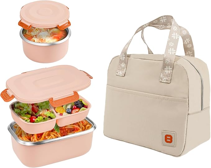 18/8 Stainless Steel Bento Box, Bento Lunch Box with Soup Bowl for Kids and Adults, Food Containers with Bag for Office or School, Pink