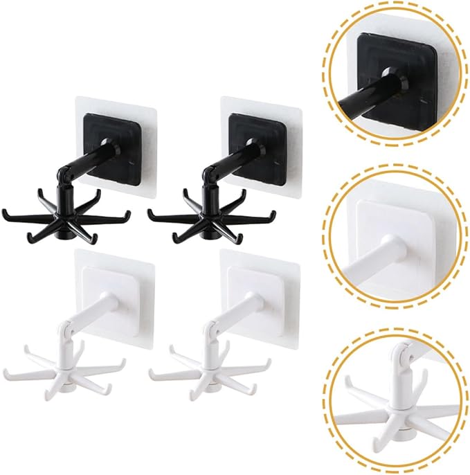 PRETYZOOM 4pcs 360-degree Rotatable Kitchen Utensil Hooks Under Cabinet Hanging Holder Set, No Drilling Wall Mount Hook for Kitchen Organization, Black and White