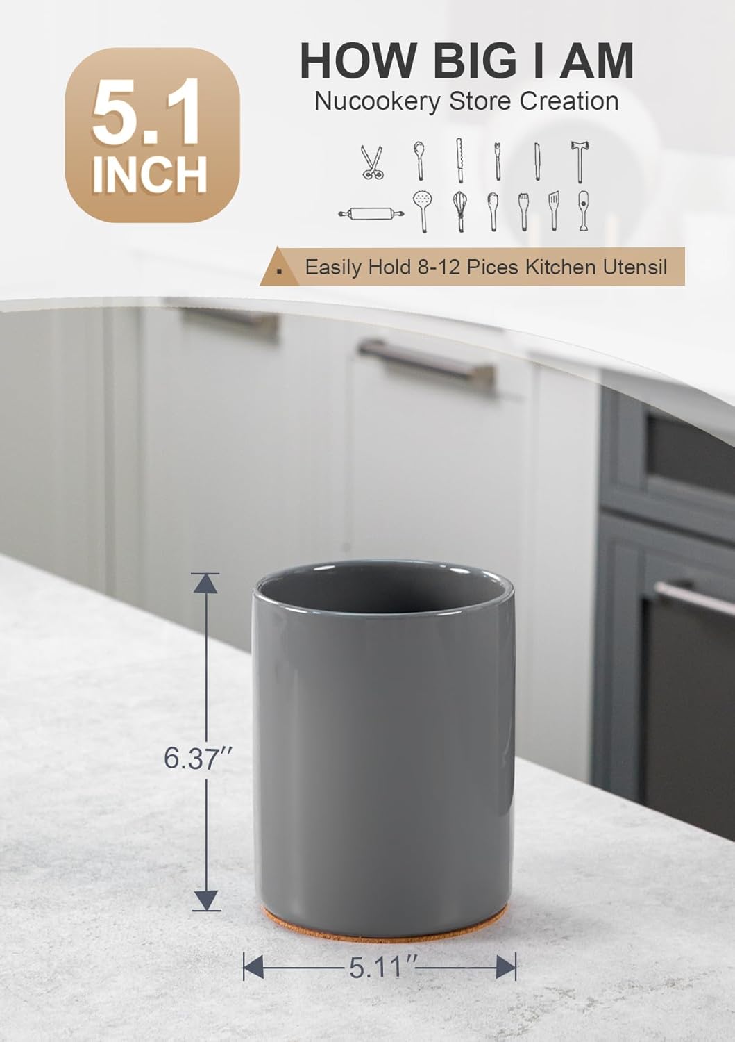 Nucookery Utensil Holder, 6.4" Ceramic Kitchen Utensil Holder for Countertop with Protection Cork Bottom, Vintage Farmhouse Kitchen Decor for Counter (Gray)