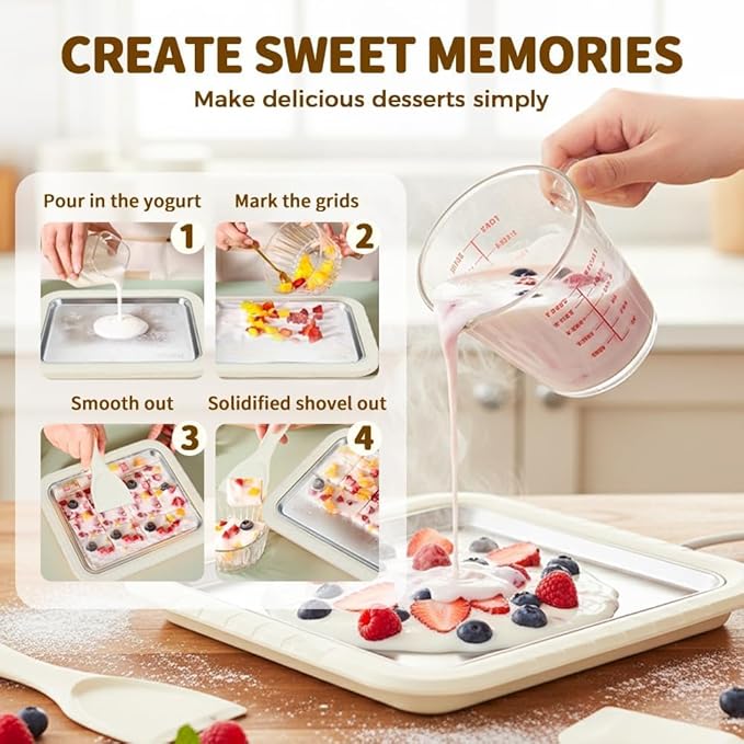 Rolled Ice Cream Maker Tray with Lid and 2 Scrapers, 304 Stainless Steel Ice Cream Roll Pan, 10.2 x 8.3 x 1.3 Inch Manual Instant Frozen Dessert Maker for DIY Ice Cream, Yogurt, Sorbet, Family Fun