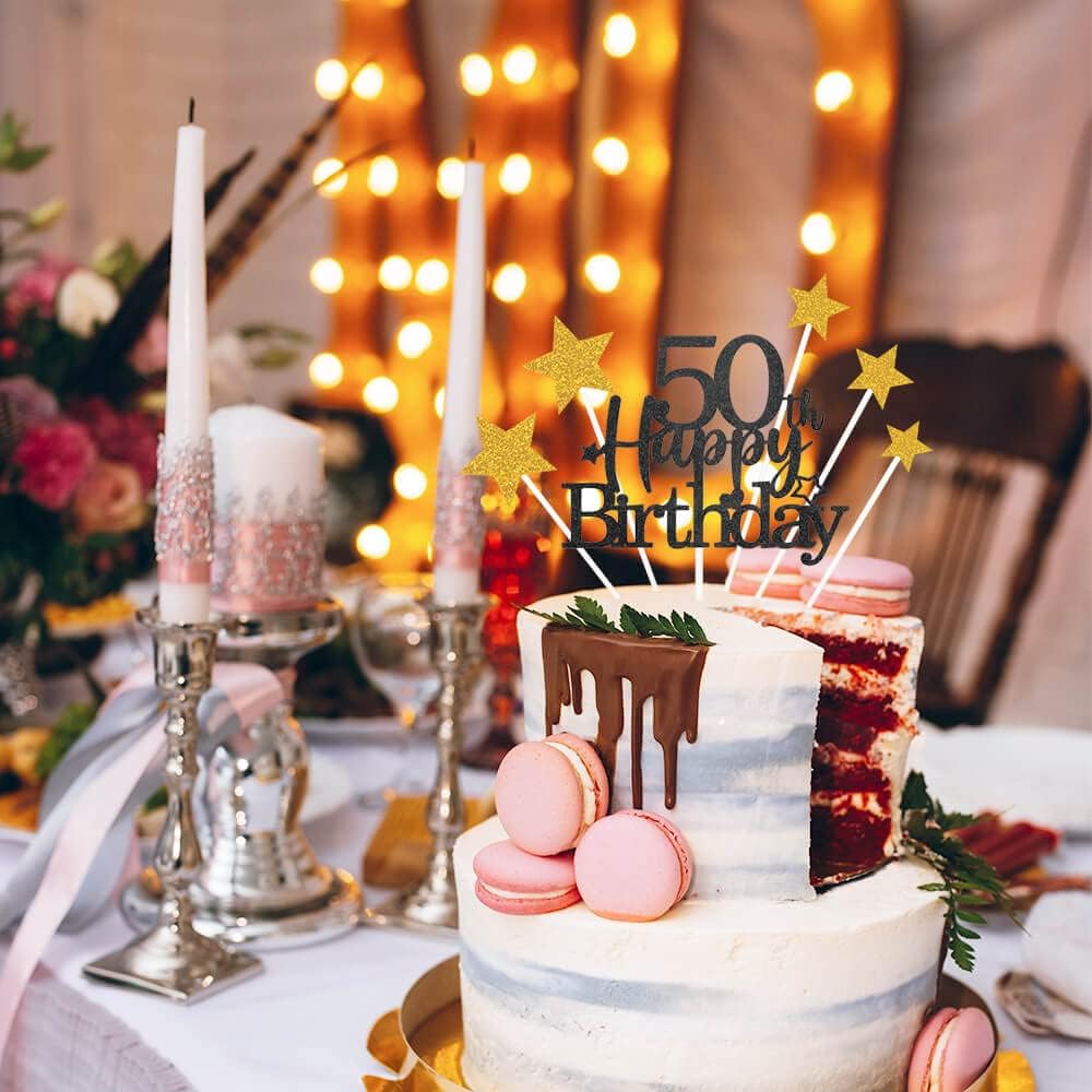 Glittery 50th Happy Birthday Cake Topper with Star,Personalised 50 Birthday Cake Toppers Party Decorations Party Supplies for Men Women Black Gold