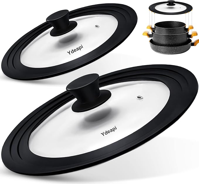 Ydeapi Universal Lids for Pots, Pans & Skillets - Fits 7", 8" & 9" Diameter, 10", 11" & 12" Diameter Cookware, Tempered Glass with High Heat Resistant Silicone Rim (2PK)
