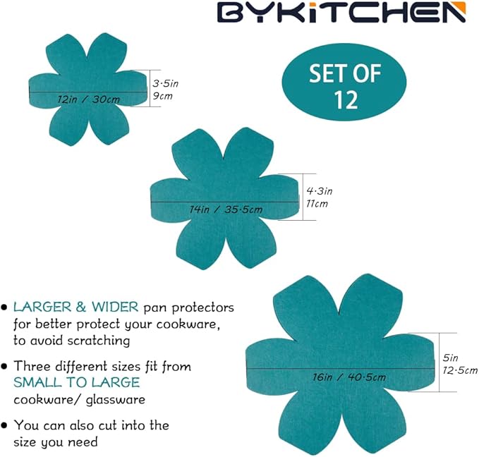 BYKITCHEN Pot and Pan Protectors, Set of 12 and 3 Different Sizes, Larger & Thicker Felt Pan Protector Pads, Cyan Pot Separators Protectors for Stacking and Protecting Your Cookware