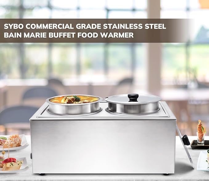 SYBO Food Warmer Steam Table Easy to Clean Commercial Grade Stainless Steel Bain Marie Buffet for Catering and Restaurants ETL, CE ROHS Certified for Commercial, Safety (2 Round Pots with Tap)