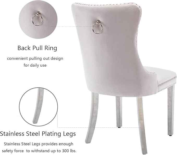Velvet Dining Chairs Set of 6, Upholstered Dining Room Chairs with Back Ring Pull Trim and Sliver Stainless Steel Legs,Modern Kitchen Chairs Perfect for Dining Room,Living Room,Kitchen(Beige)