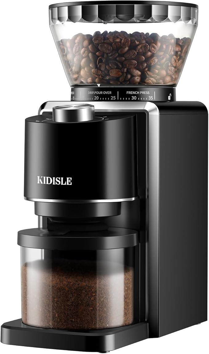 KIDISLE Conical Burr Coffee Grinder, Electric Coffee Bean Grinder for Precise Grinding, 35 Settings, 2–12 Cup Selector, Anti-Static Design for Home Use, Black