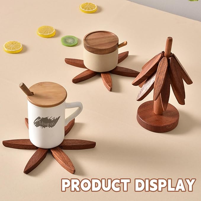 Natural Foldable Black Walnut Wooden Trivet Set - 4 Trivets + 1 Stand for Hot Dishes, Pot, Bowl, Teapot, Hot Pot Holders (Black)