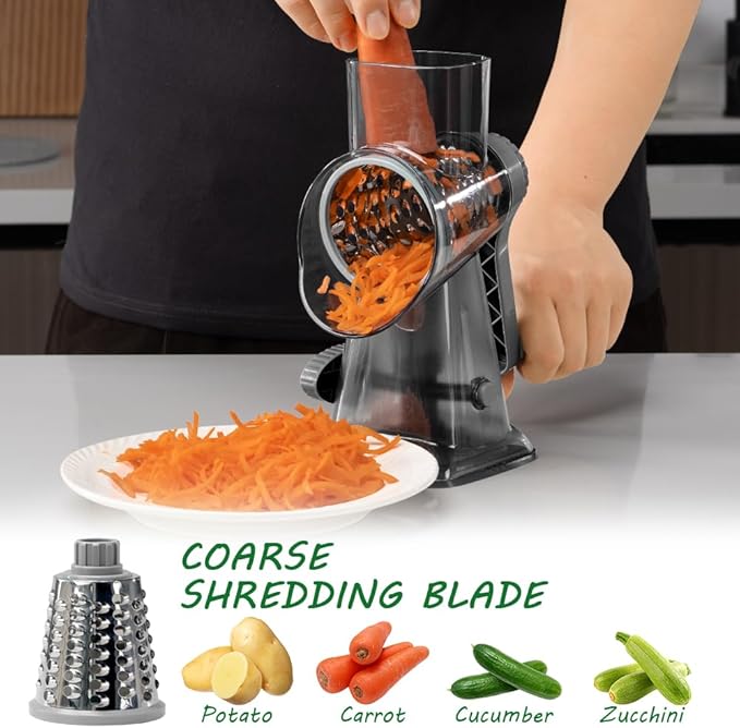 Cheese Grater Hand Crank Rotary Vegetables Shredder with Handle, 3-in-1 Graters with Interchangeable Blades and Strong Suction Base Multifunctional Slicer for Kitchen