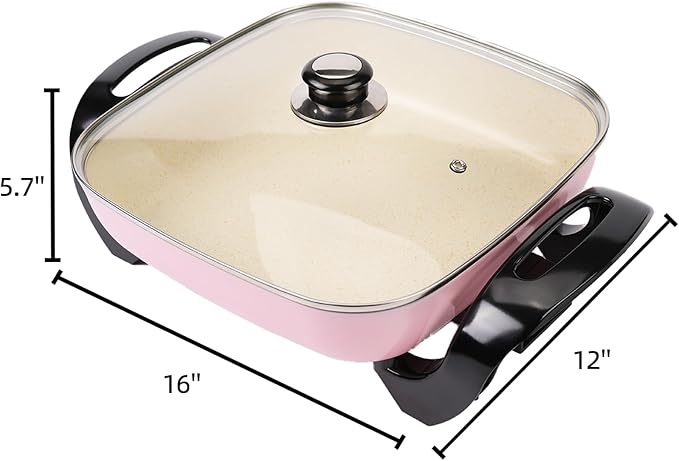 12" Ceramic Nonstick Electric Skillet with Tempered Vented Glass Lid, Scratch-Resistant Surface, Cool-Touch Handles, Removable Easy-to-Clean Design, 1200W, Vibrant Pink