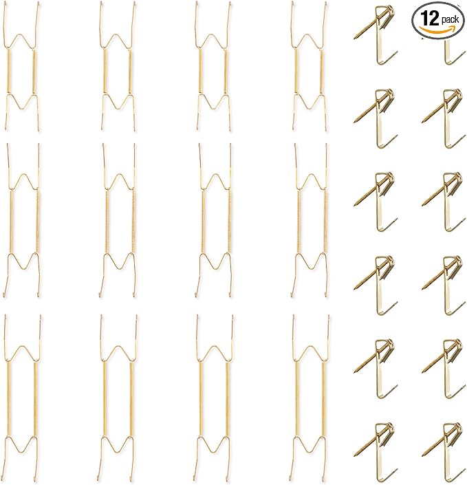 Bilillo 12 Pieces Invisible Wall Plate Hangers 10/12/14 Inches Wall Plate Hangers Stainless Steel Decorative with 12 Pieces Hook with Nails Suitable for 8-16 inch Decorative Antique and Arts(Gold)