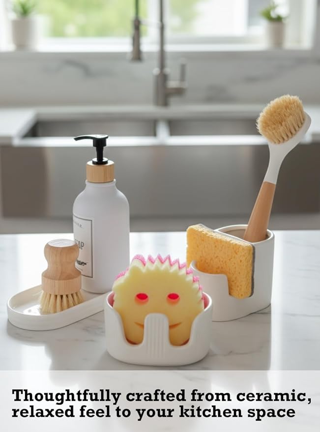 Ceramic Sponge Holder, 2-Slot Dish Sponge Holder for Kitchen Sink, Keeps Sponges Dry & Countertop Clean, Rust-Free & Dishwasher Safe, Stylis Design, Modern White