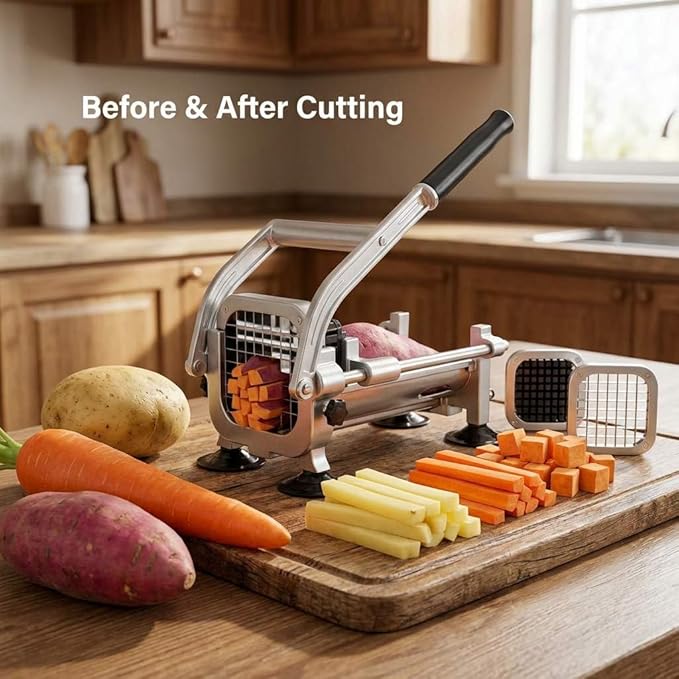 QWORK Stainless Steel French Fry Cutter with 1/2, 3/8 & 1/4 Blades – Compact Lever Slicer for Potatoes, Carrots & Yams