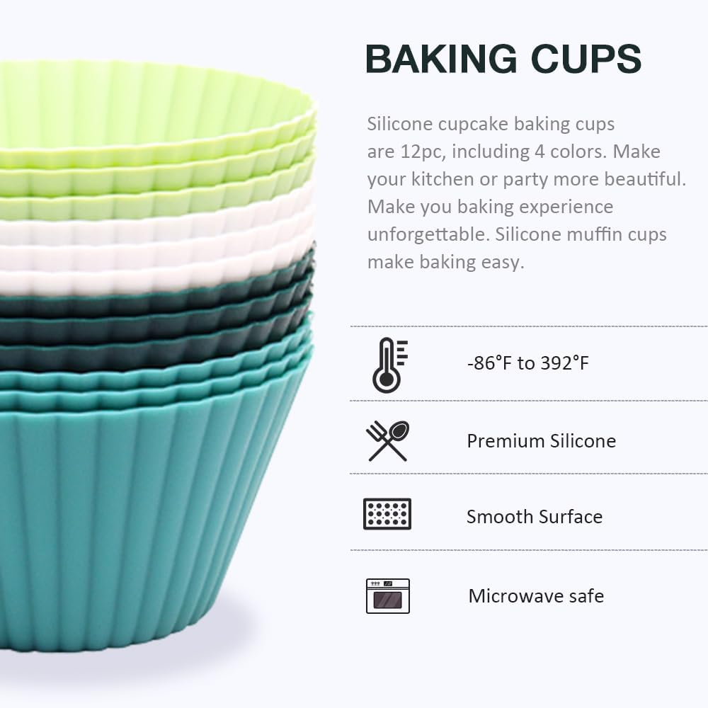 Extra Large Silicone Cupcake Muffin Cups 12 Pcs, 3.54 Inch Muffin Liners, Reusable Jumbo Silicone Baking Cups Easy to Clean, Great for Cupcake, Mousse(3 Green, White)