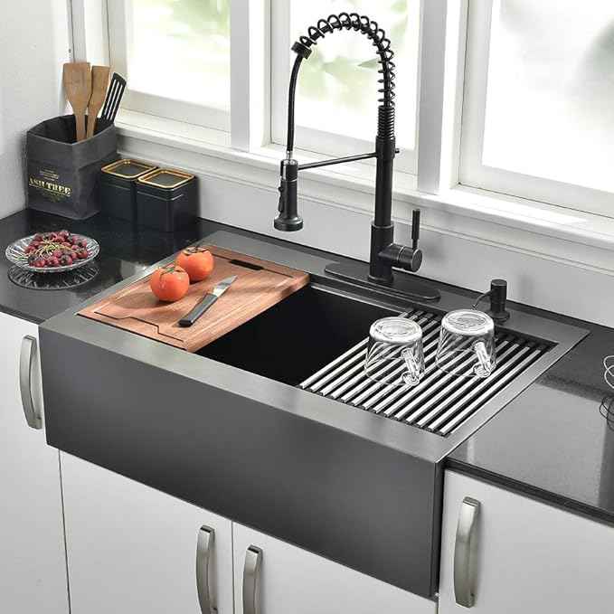 30 Inch Black Farmhouse Kitchen Sink Drop In Workstation - 30 inch Apron Front Farmhouse Sink Workstation Kitchen Sink Single Bowl 16 Gauge Stainless Steel Farm Sink