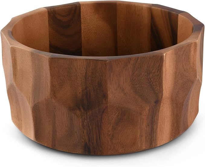 Arthur Court Acaica Wood Salad Serving Bowl for Fruits or Salads - Curved Faced Diamonds Sides Modern Centerpiece Bowl 12 inch Diameter 6 inch tall