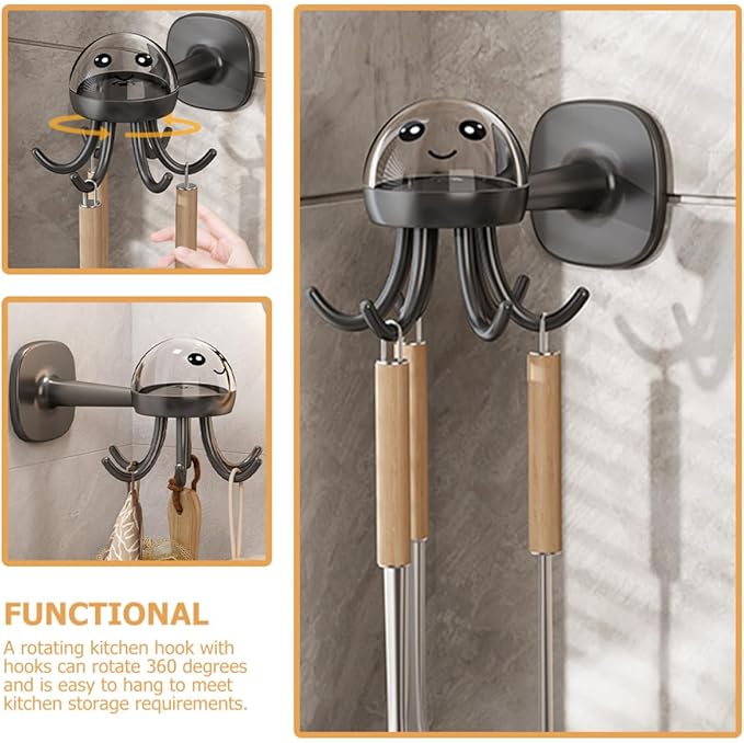 PRETYZOOM Rotating 6-Claw Kitchen Utensil Hook Rack Wall-Mounted Holder Organizer, Space-Saving Hanging Storage for Cooking Spoons, Spatulas, Black