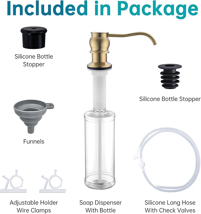 Built in Deck Mount Liquid Lotion Kitchen Countertop Metal Soap Dispenser, Brushed Gold Brass Dispenser Pump with 47.2" Silicone Long Tube for 0.79 "- 1.38" High Capacity Bottle Mouths