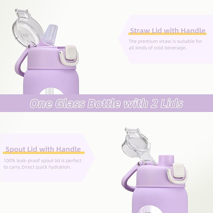 chunmo 24 oz Glass Water Bottles with 2 Lids-Handle Spout Lid & Straw Lid, Motivational Water Bottle with Time Marker and Silicone Sleeve,Leakproof-Purple-1 Pack