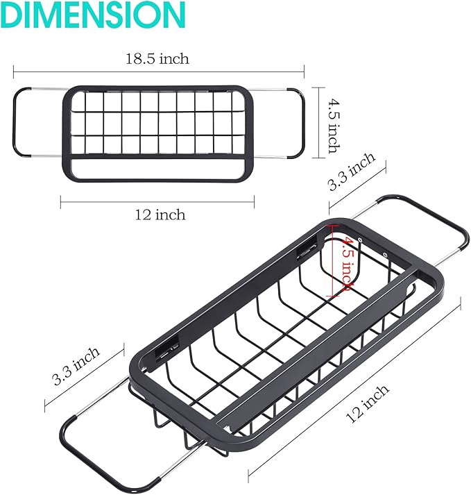 TOOLF Expandable Sink Caddy with Dish Towel Bar, Adjustable Over-The-Sink Organizer for Kitchen, Rustproof Sponge Holder and Drying Rack