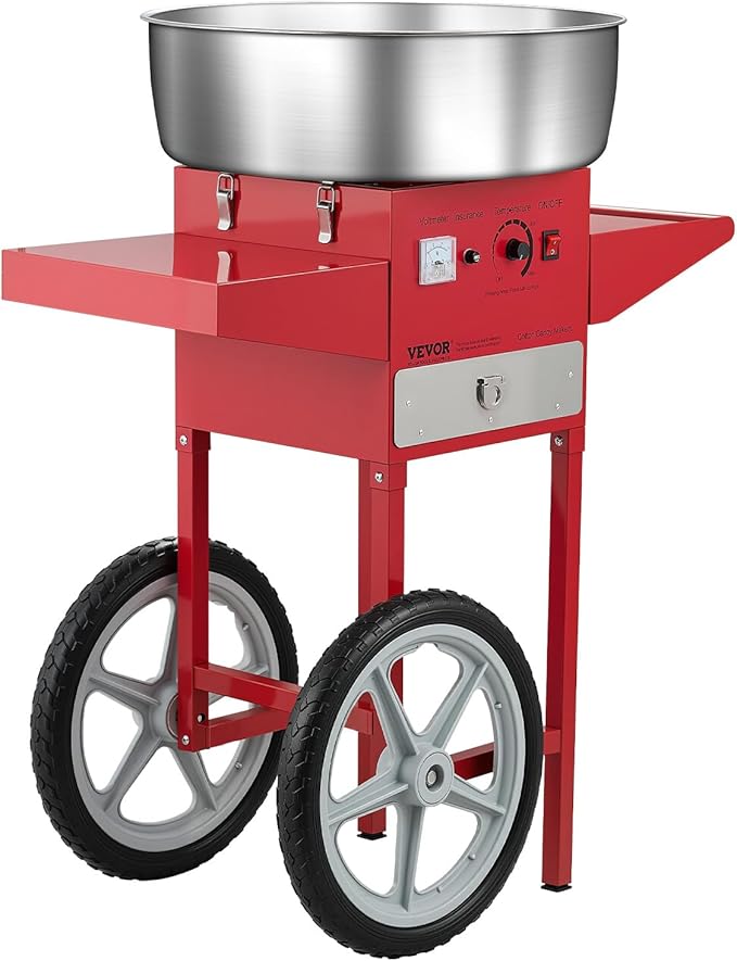 VEVOR Electric Cotton Candy Machine with Cart, 1000W Commercial Candy Floss Maker with 20.5 in Stainless Steel Bowl, Sugar Scoop, and Drawer, Easy to Use, for Home, Kids Birthday, Family Party, Red