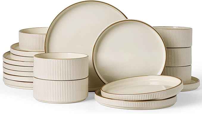 Famiware Star Dinnerware Set, Plates and Bowls Sets for 6 (18pcs), Ribbed Stoneware Dishes - Chip & Scratch Resistant, Microwave & Dishwasher Safe Kitchenware, Cream