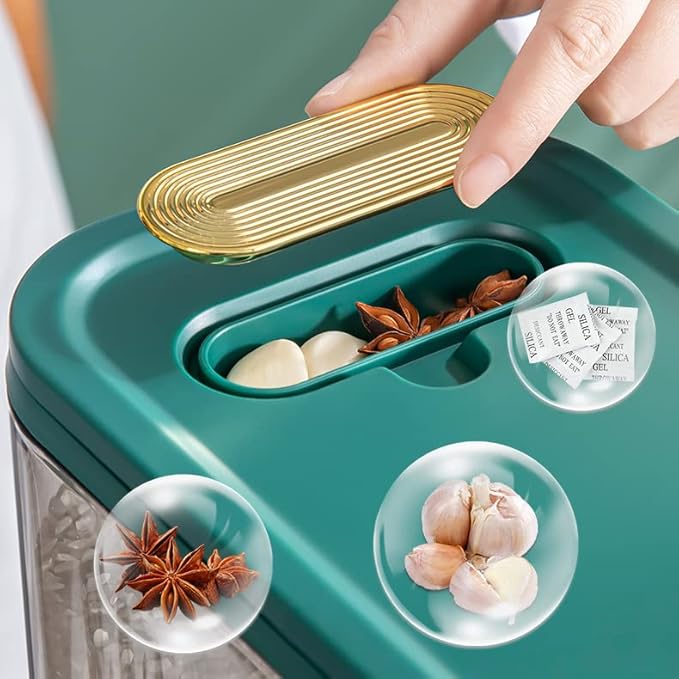 Sooyee Clear Rice Dispenser, Large Grain Container Storage with Lid Measuring Cylinder Moisture Proof Household Cereal Dispenser Bucket for Kitchen Soybean Corn,Clear and Green