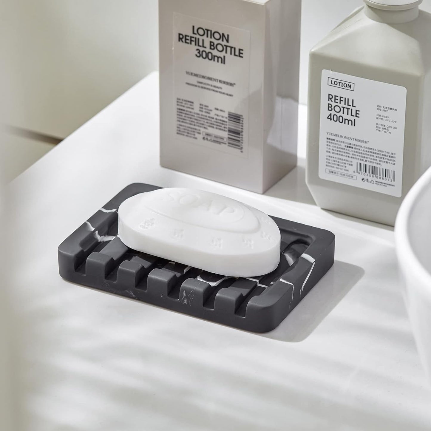 2PCS Self Draining Soap Dish - Marble Look Soap Holder Tray Savers Box Container Sponge Holder for Bathroom Shower Kitchen, Black