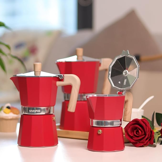 Sivaphe Aluminum Moka Pot 6 Espresso Cups, Percolator Espresso and Coffee Maker, Portable Stovetop Italian and Cuban Café Brewer for Home and Camping Red