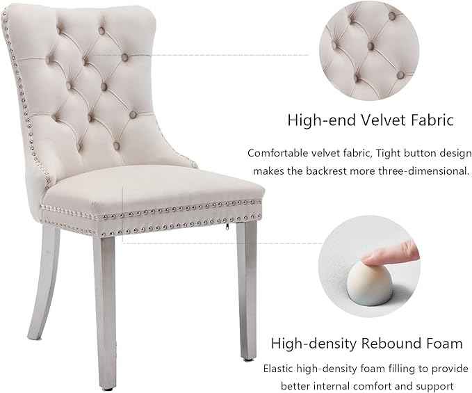 Dining Room Chairs Set of 4, Velvet Upholstered Dining Chairs with Back Ring Pull Trim and Sliver Stainless Steel Legs,Modern Dining Chair Perfect for Dining Room,Living Room,Kitchen(Beige)