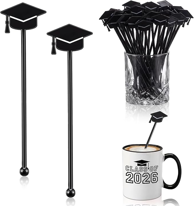 SiliFine 60 Pcs Graduation Cap Drink Stirrers Graduation Stir Sticks Coffee Stirrers Cocktail Mixers Plastic Swizzle Sticks Hot Cocoa Bar Supplies for Party Bar Coffee Tea Favors (Black)