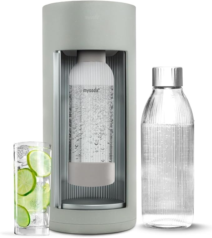 Mysoda Glassy Soda Streaming Machine + 1L Glass and 1L Plastic Bottle - Silent Carbonated Water Machine Soda Maker with Sliding Door Opening - No Cylinder Included - Pigeon