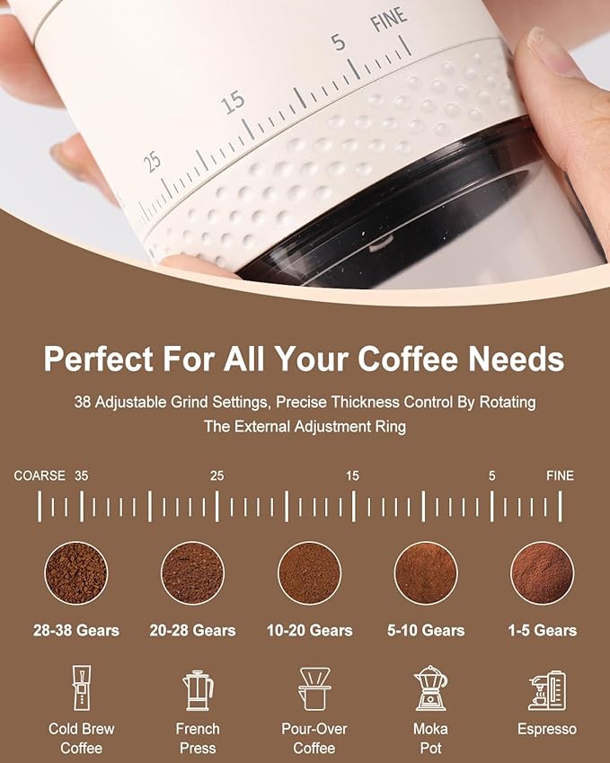 Portable Electric 420 Stainless Steel Burr Coffee Grinder, Rechargeable Espresso Grinder with 38 Adjustable Grind Settings